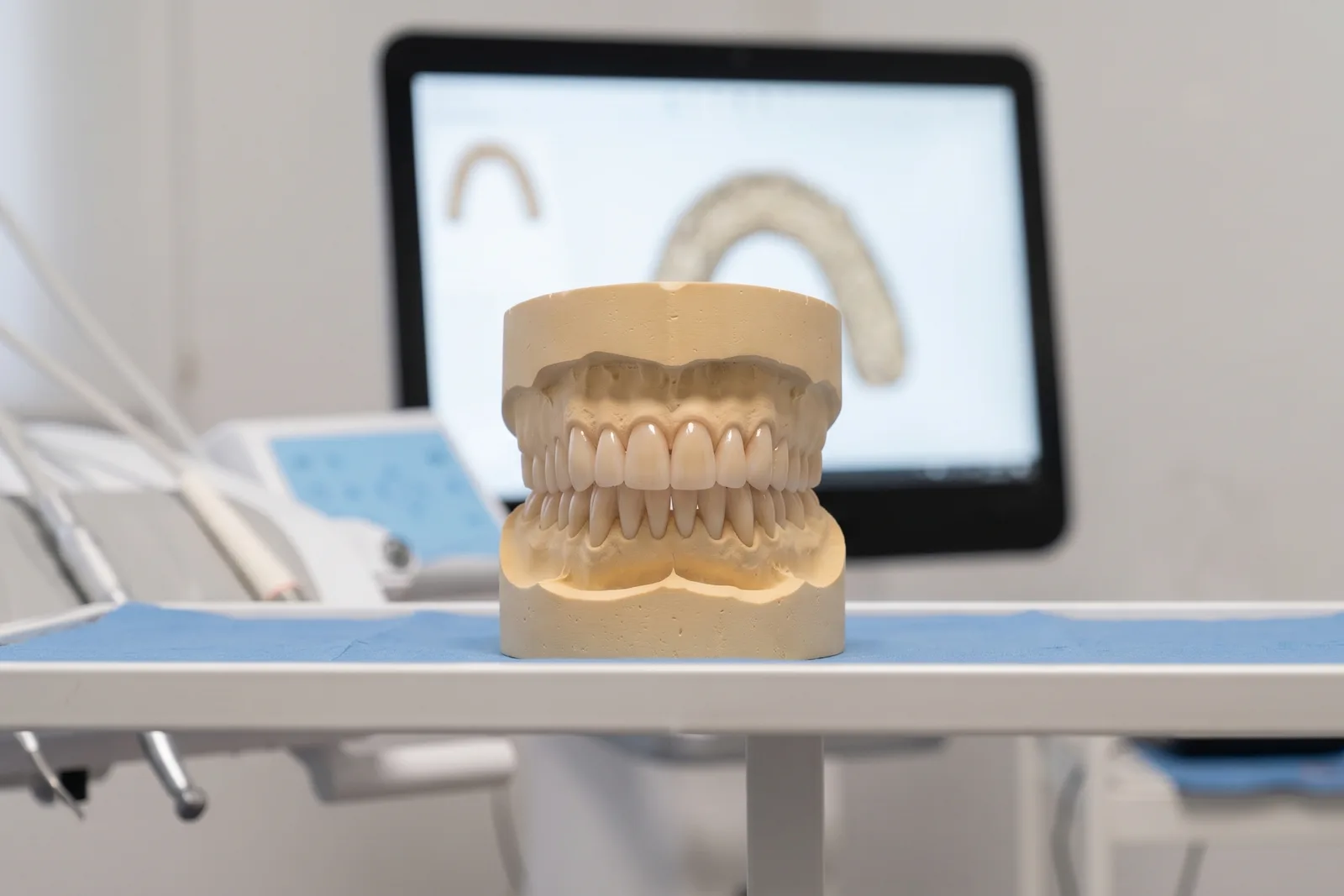 Modello in gesso delle arcate con il provvisorio dei denti anteriori, davanti allo schermo con la scansione