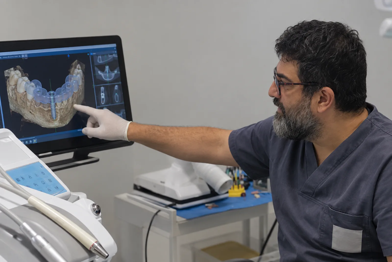 Il Dott. D'Urso indica a schermo il progetto di un impianto con la guida chirurgica