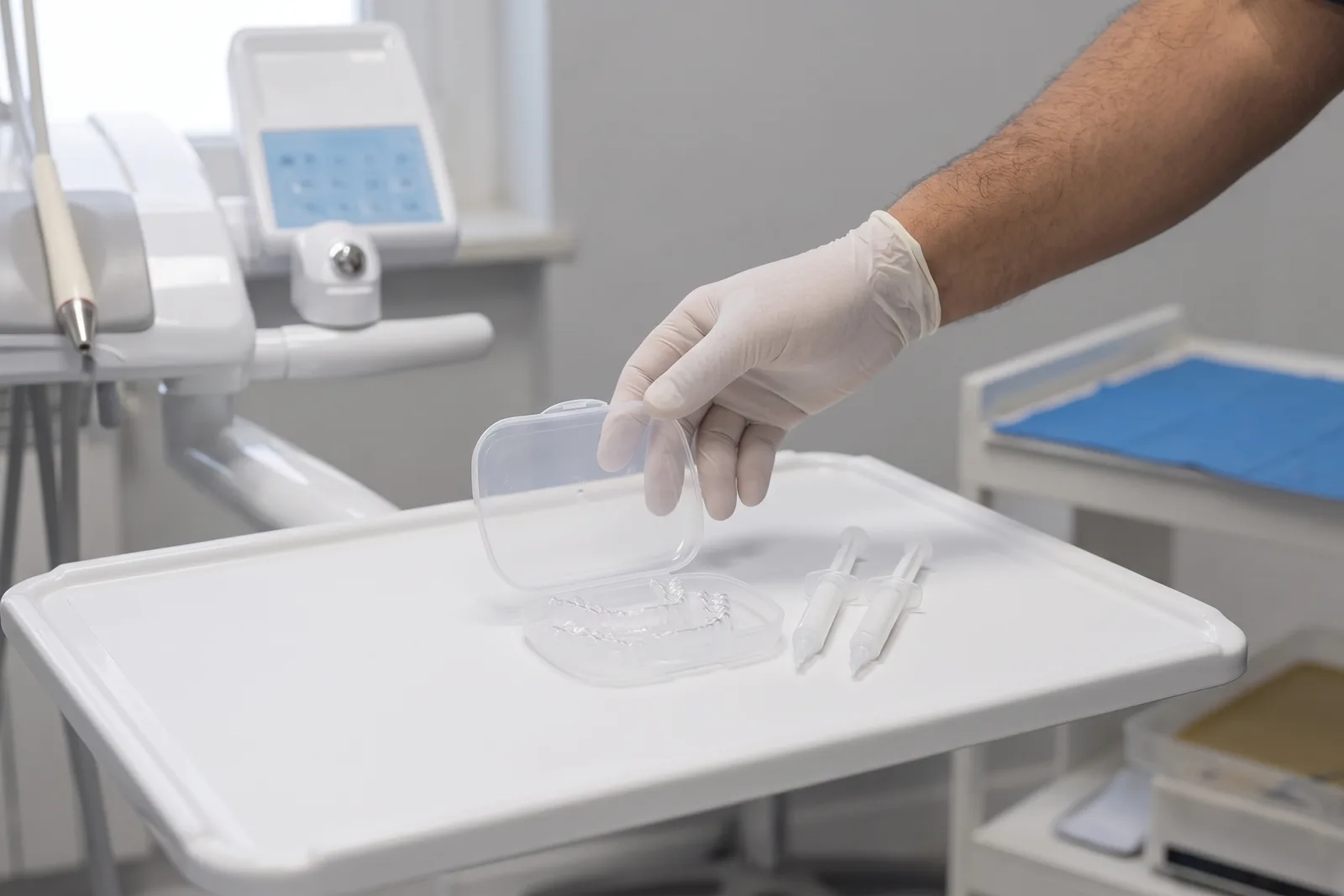Kit per lo sbiancamento domiciliare con mascherine trasparenti e siringhe di gel